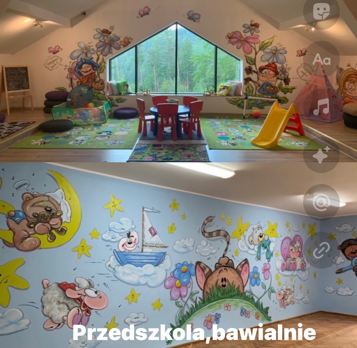 Kolorowe malowidła w przedszkolu: bajkowe postacie, kwiaty i zwierzęta na ścianach i suficie, tworzące radosną atmosferę w sali zabaw z oknem na las.