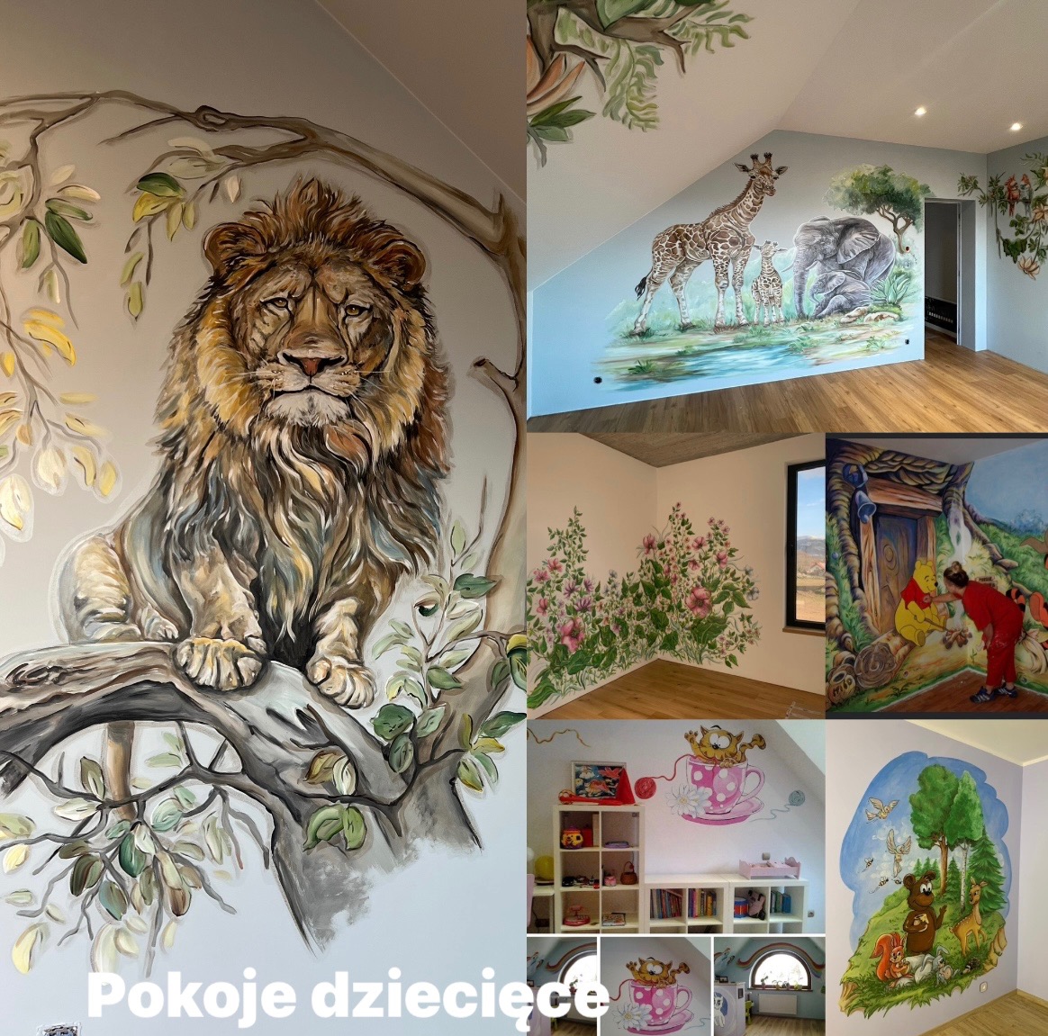 Ręcznie malowane ściany w pokoju dziecięcym: lew na drzewie, żyrafy z słoniem, kwiaty, Kubuś Puchatek i Tygrysek, filiżanka z kotem, las z misiem i wiewiórką.