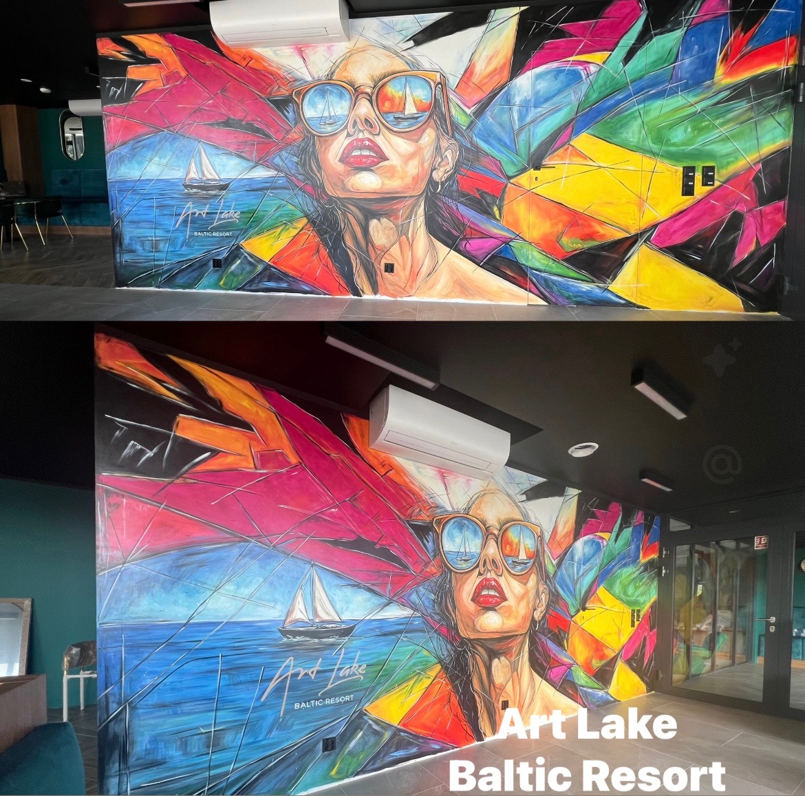 Kolorowy mural w stylu abstrakcyjnym z motywem kobiety w okularach, w których odbija się żaglówka. Widoczne elementy instalacji elektrycznej i klimatyzacji.