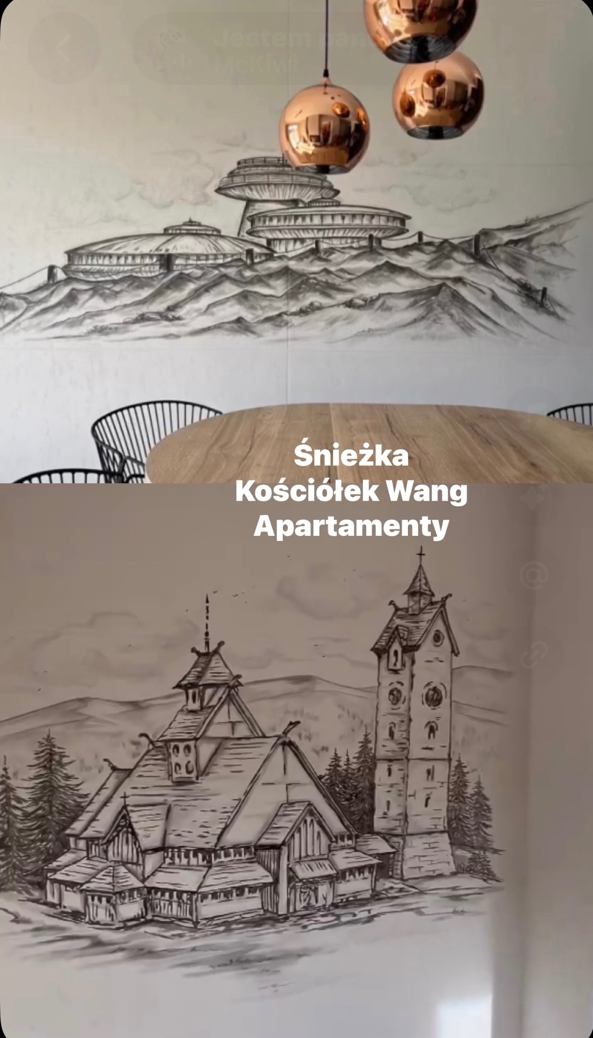 Ręcznie malowana ściana z motywem Śnieżki i Kościółka Wang, oświetlona trzema miedzianymi lampami. Widoczny fragment stołu i krzesła.