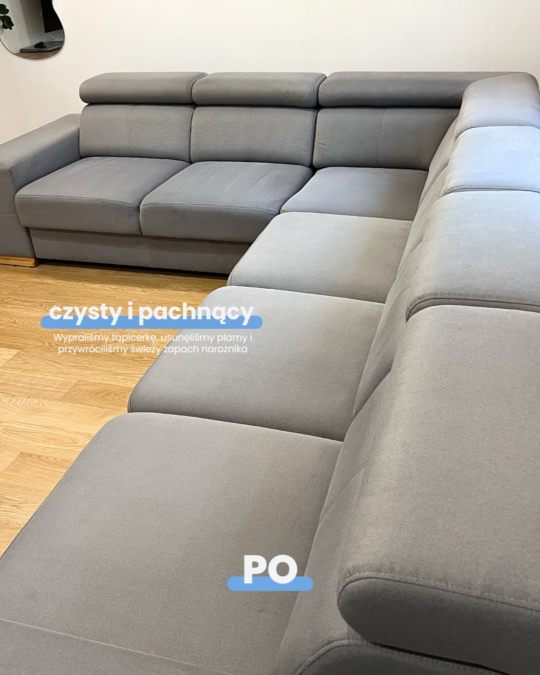 Narożnik pięcioosobowy po praniu. Zostały usunięte plamy oraz zneutralizowany nieprzyjemny zapach.