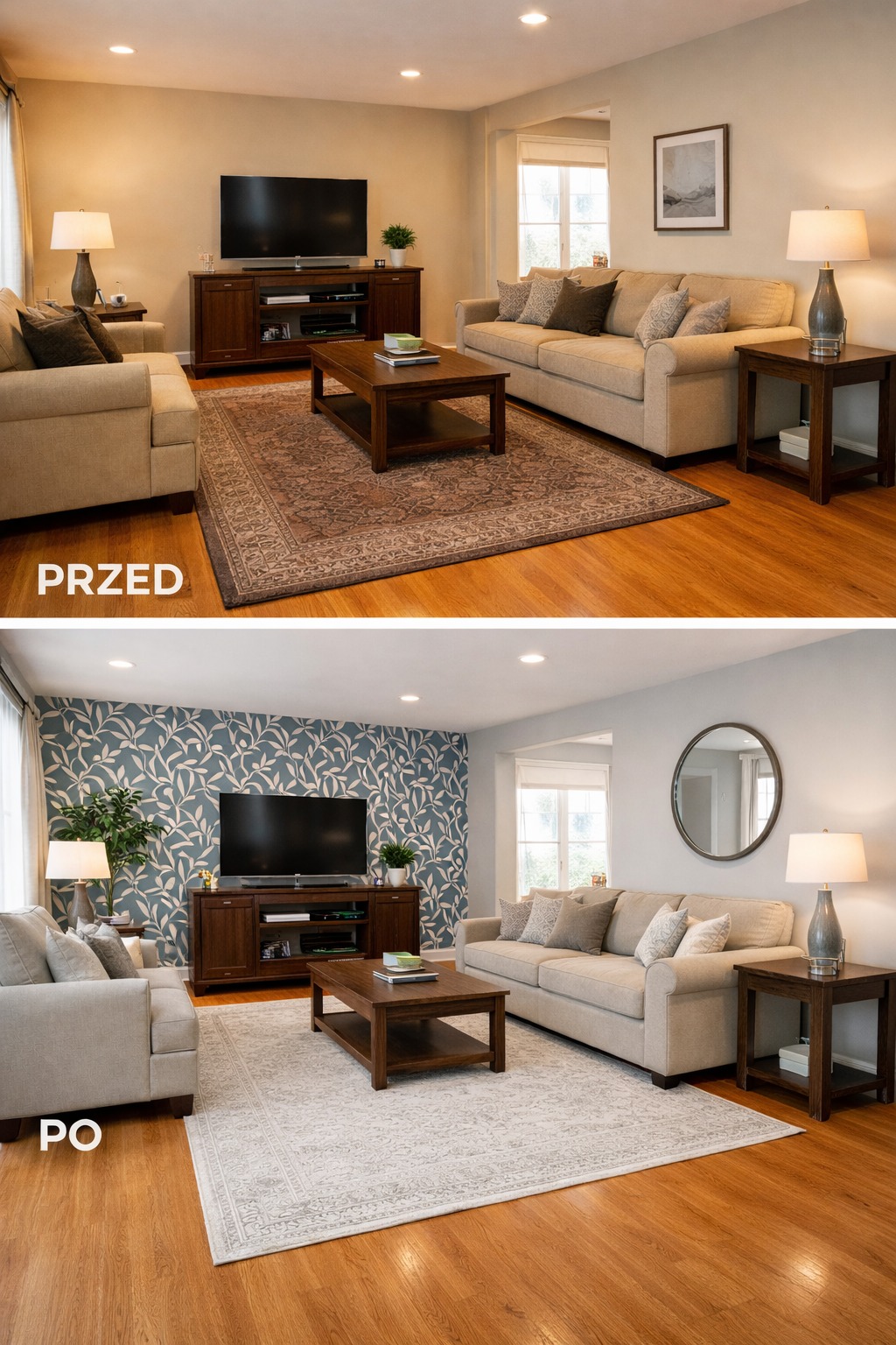 Salon przed i po zmianie: ściana z wzorem liści, nowy dywan, jaśniejsze kolory ścian. Widoczna metamorfoza wnętrza, odświeżony design.
