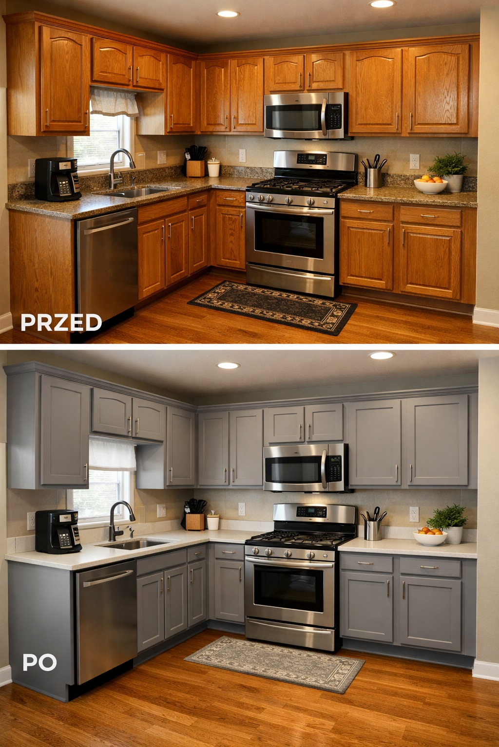 Kuchenne szafki przed i po malowaniu: odcień drewna zamieniony na elegancki szary. Widoczna zmiana koloru frontów i blatów, zachowując układ i wyposażenie kuchni.