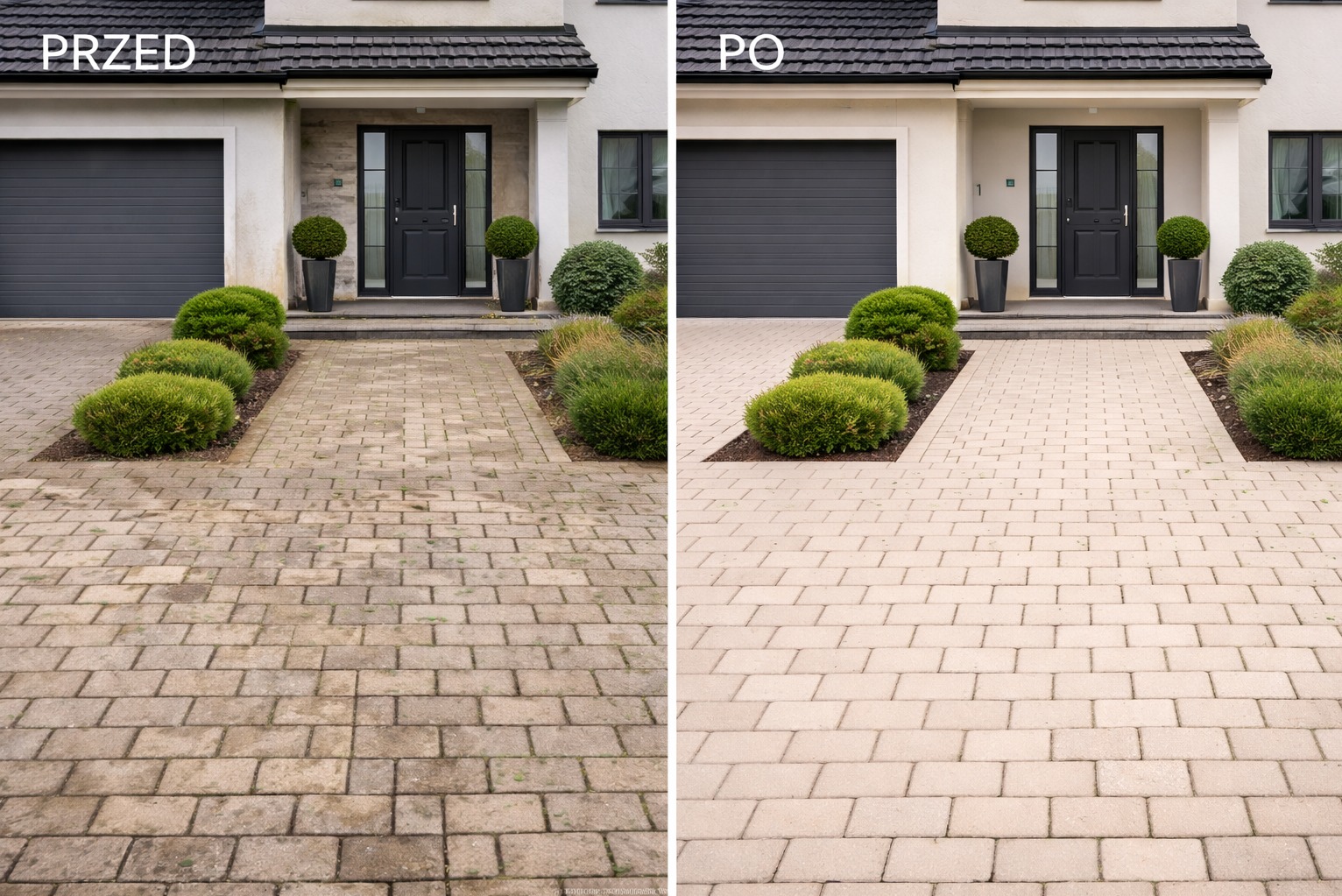 Zdjęcie 'przed i po' czyszczenia kostki brukowej przed domem z szarymi drzwiami garażowymi i wejściowymi. Kostka po prawej stronie jest czysta i jasna.
