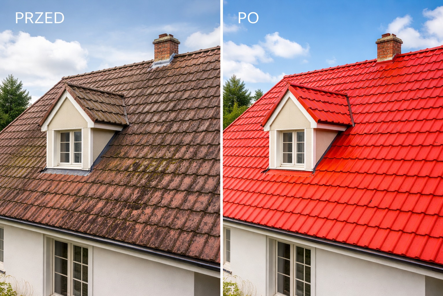Zdjęcie dachu domu przed i po malowaniu. Po lewej stronie dach pokryty mchem, po prawej świeżo pomalowany na intensywny czerwony kolor. Widoczne okno dachowe.