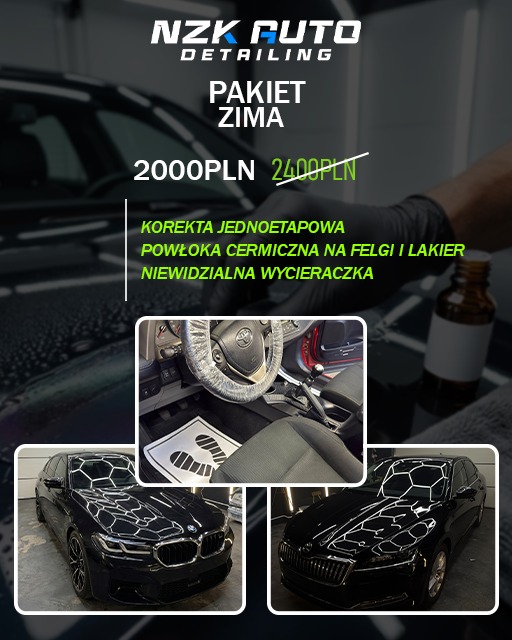 Auto detailing: pakiet zimowy z korektą lakieru, powłoką ceramiczną i niewidzialną wycieraczką. Błyszczące, czarne auta po zabiegu, wnętrze z ochroną.