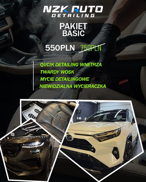 Pakiet Basic auto detailingu w Olszewnicy Starej: czyszczenie wnętrza, twardy wosk, mycie detailingowe i niewidzialna wycieraczka. Prezentacja efektu na samochodach.