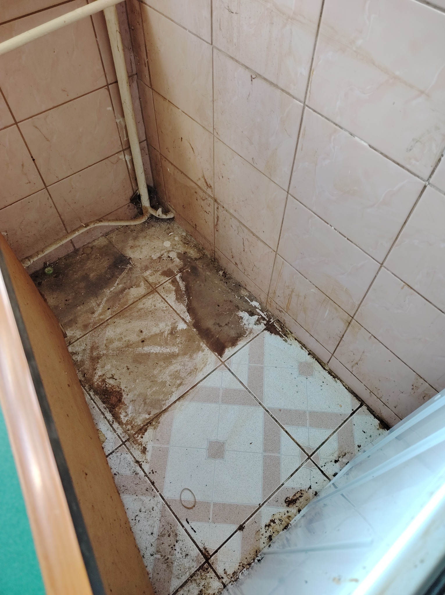 Zaniedbana łazienka z brudnymi, różowymi płytkami i zanieczyszczoną podłogą. Widoczne plamy, osady i resztki na fugach. W rogu rura. Potrzebne gruntowne czyszczenie.