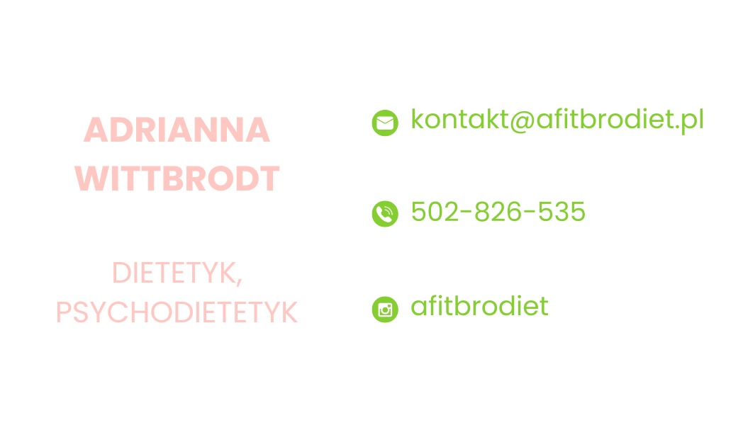 Wizytówka dietetyka Adrianny Wittbrodt z danymi kontaktowymi: numer telefonu, adres e-mail i nazwa profilu na Instagramie, umieszczonymi na białym tle.