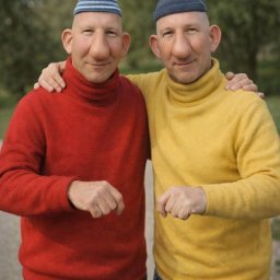 InstalTech-Usługi Elektryczne Marcin Wojtowicz - Dwóch mężczyzn w swetrach i czapkach, stojących obok siebie na zewnątrz, z jednym ramieniem na ramieniu drugiego, uśmiechniętych do kamery.