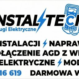 InstalTech-Usługi Elektryczne Marcin Wojtowicz - Baner firmy InstalTech oferującej usługi elektryczne: montaż instalacji, naprawa usterek, podłączenie AGD, pomiary elektryczne i modernizacja. Kontakt: 511 316 619.