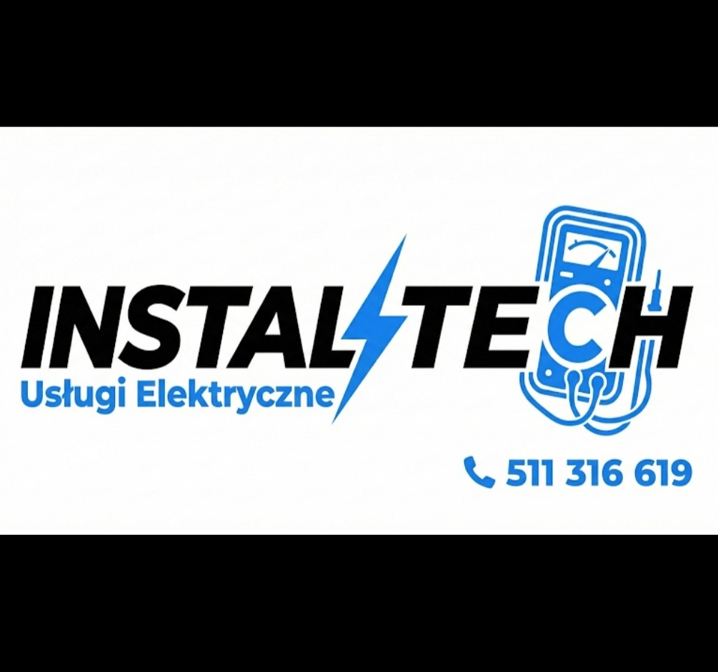 Logo firmy InstalTech z niebieskim symbolem miernika i napisem 'Usługi Elektryczne' oraz numerem telefonu na białym tle.