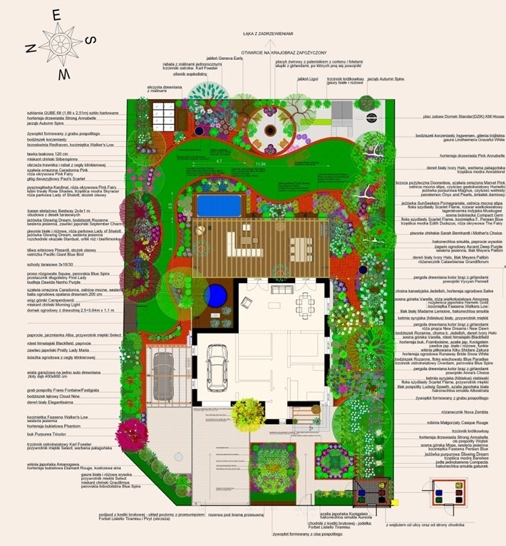 Plan zagospodarowania ogrodu z zaznaczonymi roślinami, elementami architektury i nawierzchni. Widok z góry, szczegółowy projekt.