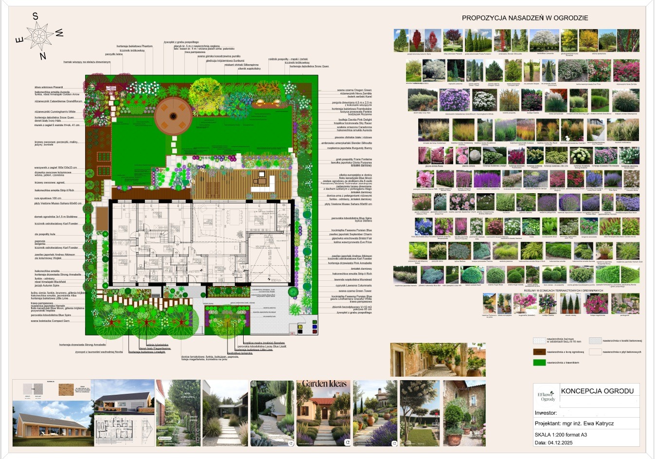 Plan nasadzeń ogrodu we Wrocławiu: rzut z góry na projekt zagospodarowania terenu z rozmieszczeniem roślin, nawierzchni i elementów architektury.