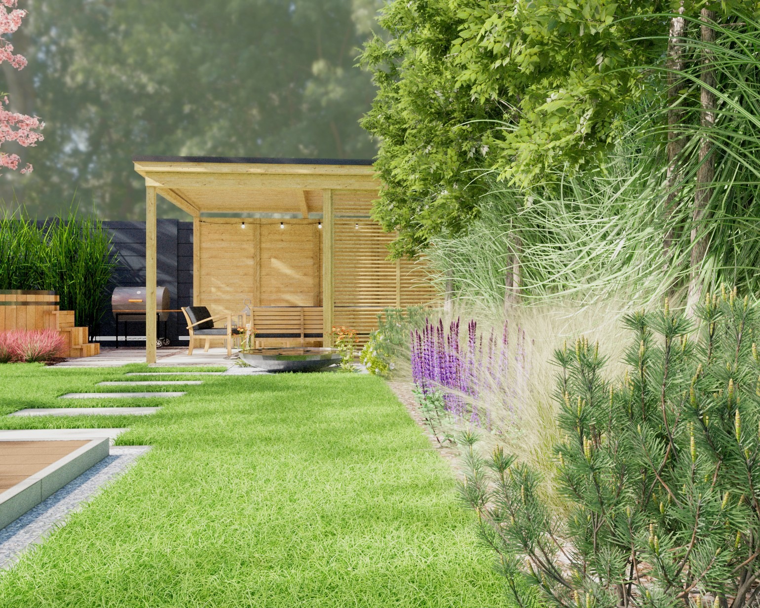Nowoczesny ogród z drewnianą pergolą, grillem i ścieżką z płyt. Starannie zaprojektowana przestrzeń z zielonym trawnikiem i ozdobnymi roślinami.