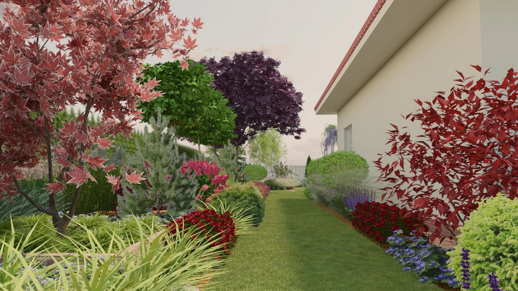 Wizualizacja ogrodu przydomowego z różnorodną roślinnością: drzewa o purpurowych liściach, krzewy, trawnik i kwiaty. Projekt ogrodu z elementami architektury.