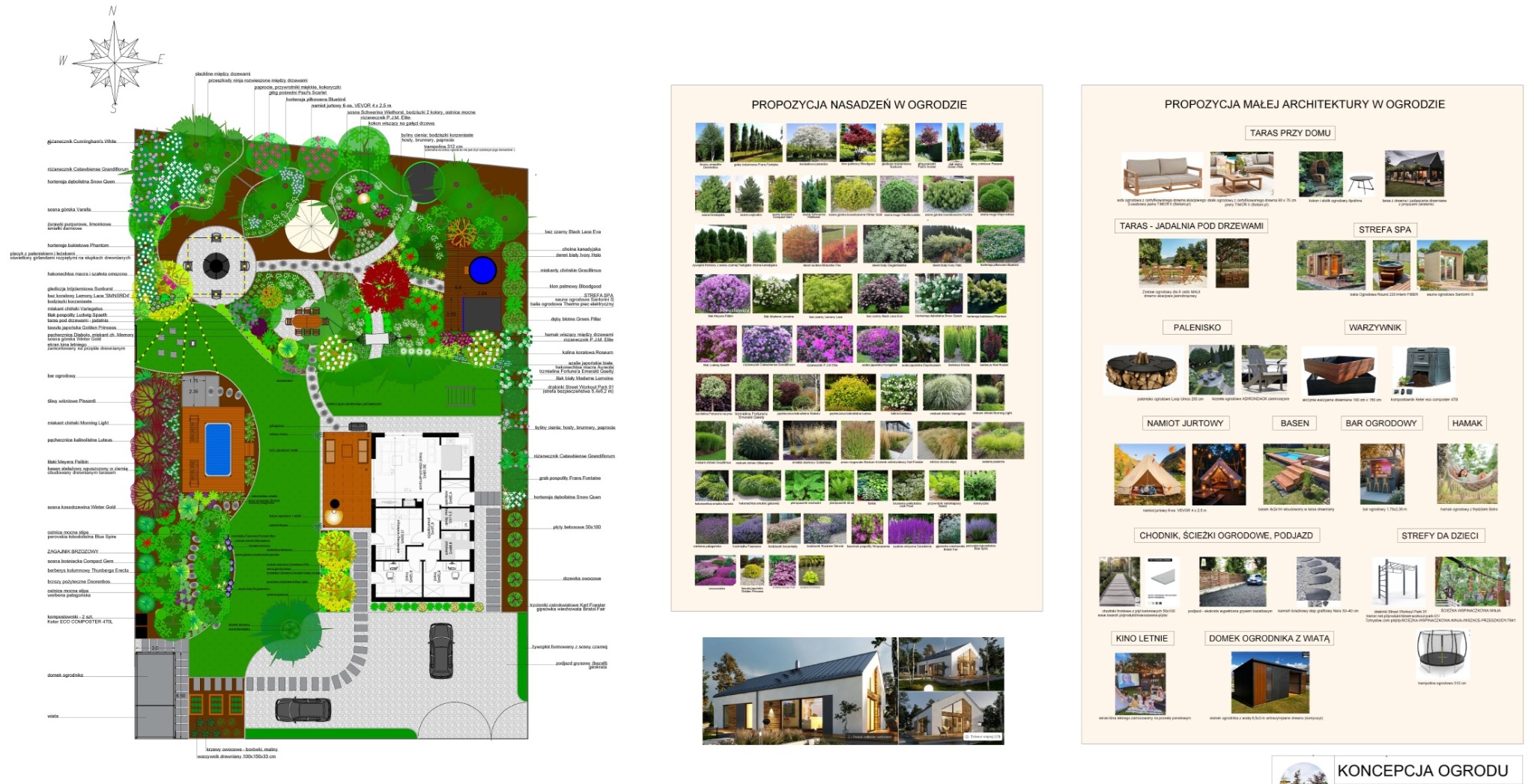 Plan ogrodu z propozycjami nasadzeń, małej architektury i strefami: taras, spa, palenisko, basen, hamak, kino letnie, domek ogrodnika i strefa dla dzieci.