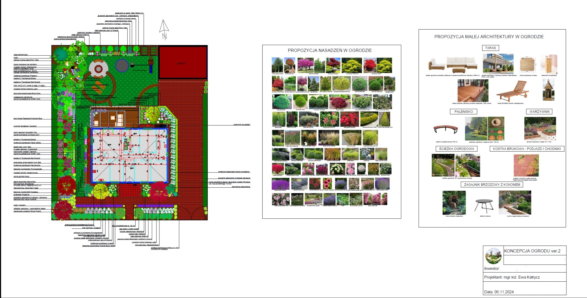 Projekt koncepcyjny ogrodu z propozycjami nasadzeń i małej architektury, w tym tarasu, paleniska, ścieżki i kostki brukowej. Zawiera listę roślin i elementów.