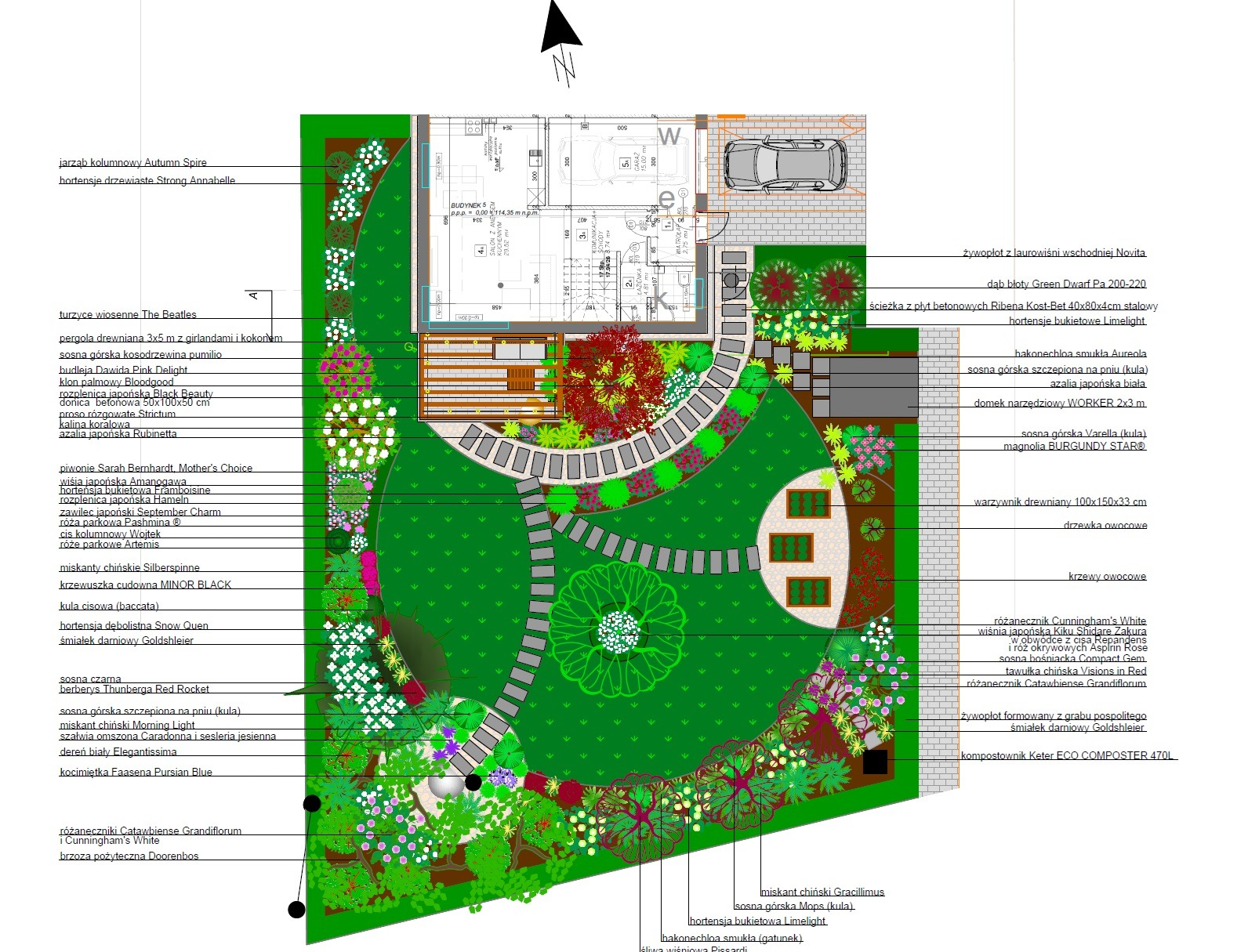 Plan ogrodu z zaznaczonymi roślinami, ścieżkami i elementami architektury. Widok z góry prezentuje rozkład przestrzenny i szczegółowy dobór gatunków.