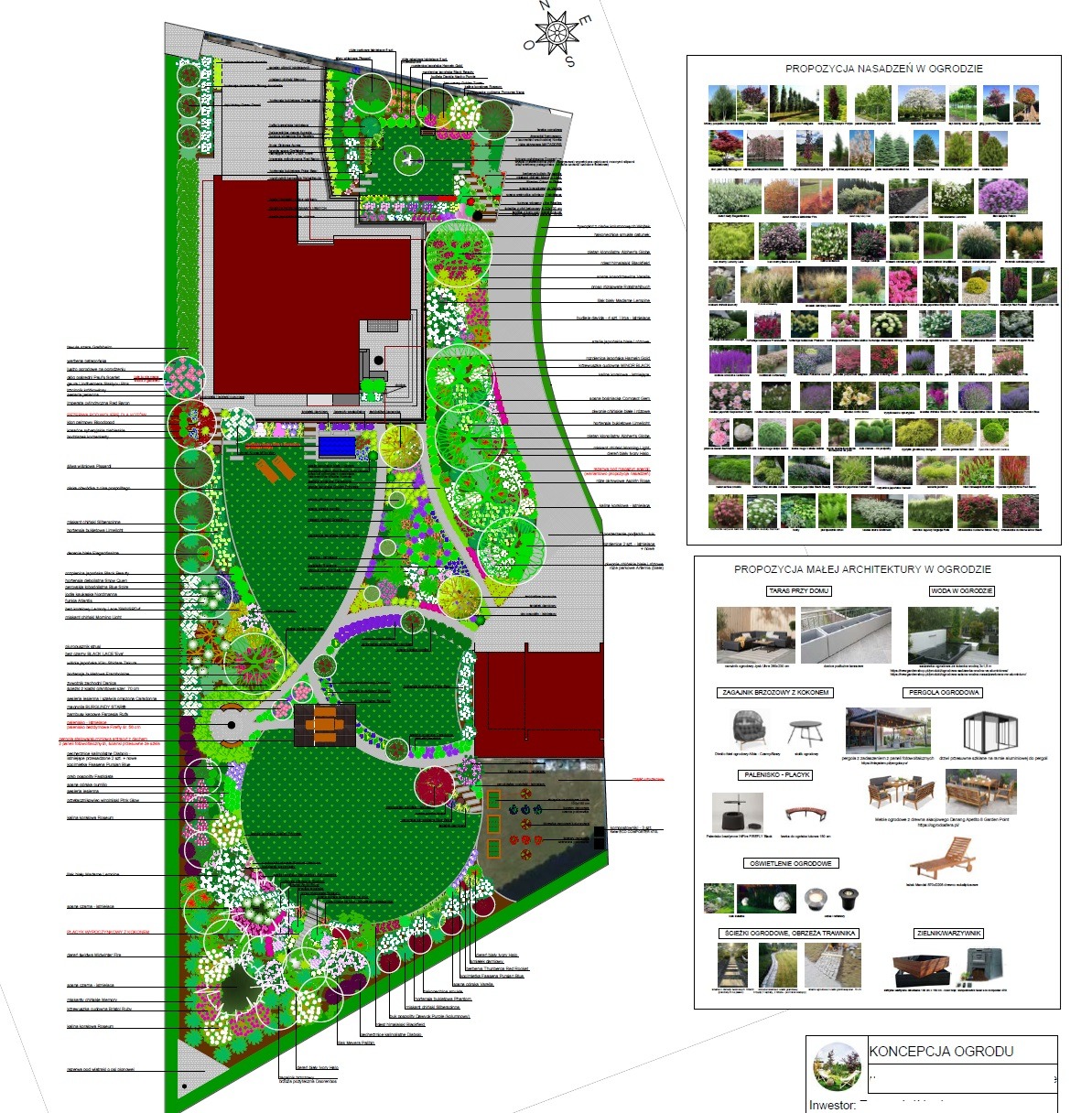 Plan zagospodarowania ogrodu z widokiem z góry, z propozycjami nasadzeń, małej architektury i elementami wyposażenia, takimi jak palenisko i oświetlenie.