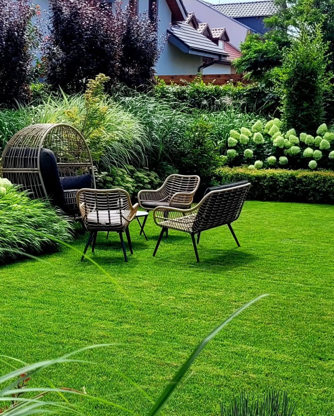 Zadbany ogród z rattanowymi meblami wypoczynkowymi i bujną roślinnością, w tle dom z ciemnym dachem. Widok na trawnik i dekoracyjne krzewy.