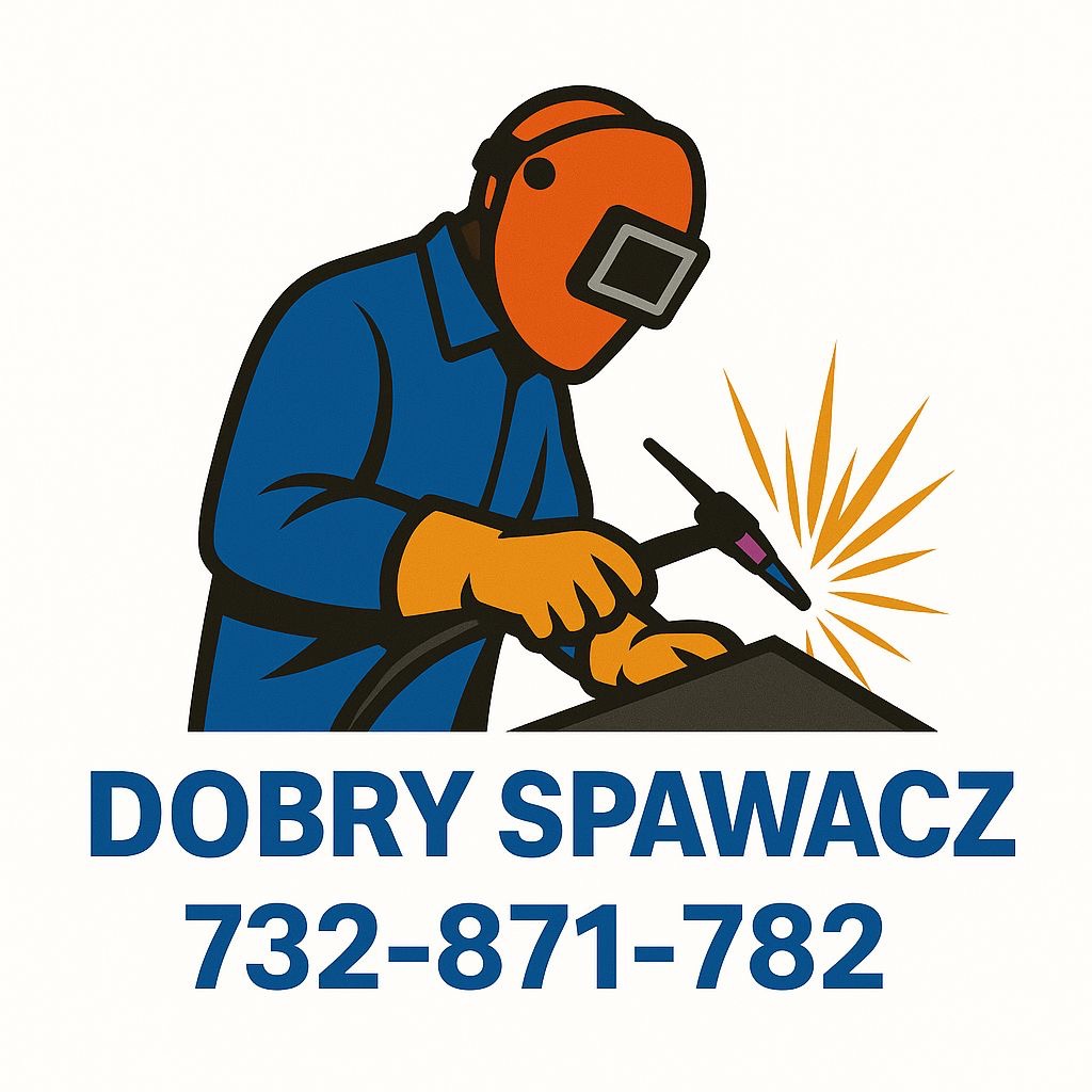Ilustracja przedstawia postać w masce spawalniczej, spawającą metal. Widoczne iskry, niebieski kombinezon i pomarańczowe rękawice. Pod spodem napis 'DOBRY ...' i numer telefonu.