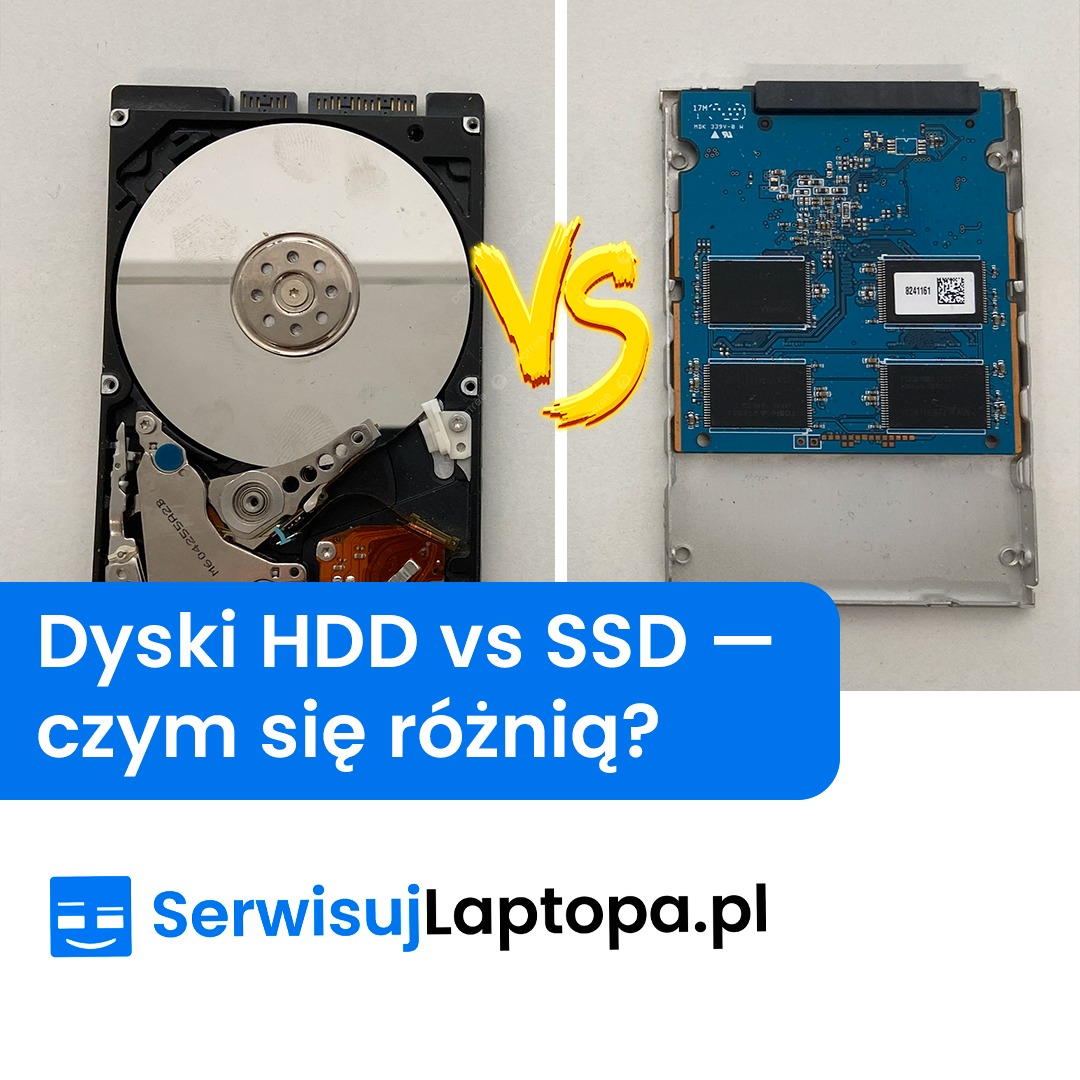 Porównanie dysków HDD (mechaniczny) i SSD (półprzewodnikowy) z widocznymi detalami konstrukcyjnymi, na tle logo serwisu laptopów.