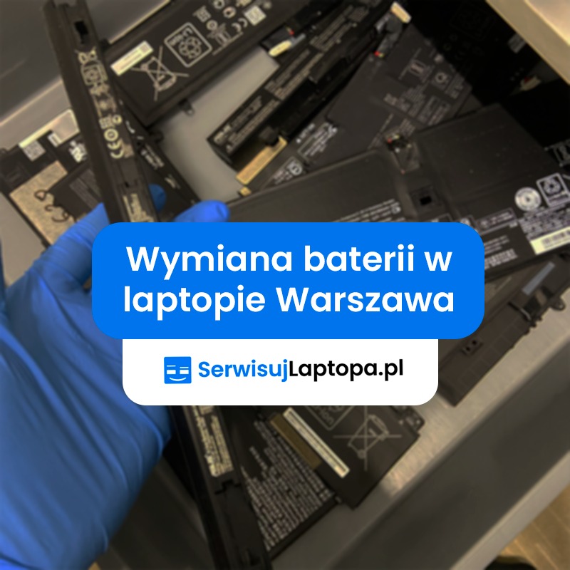 Zużyte baterie laptopowe w pojemniku, dłoń w niebieskiej rękawiczce. Widoczny napis 'Wymiana baterii w laptopie Warszawa' i logo SerwisujLaptopa.pl.