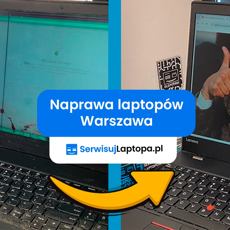 Laptop przed i po naprawie: uszkodzony ekran po lewej, sprawny z kciukiem w górę po prawej. Żółta strzałka wskazuje proces naprawy. Serwis laptopów.