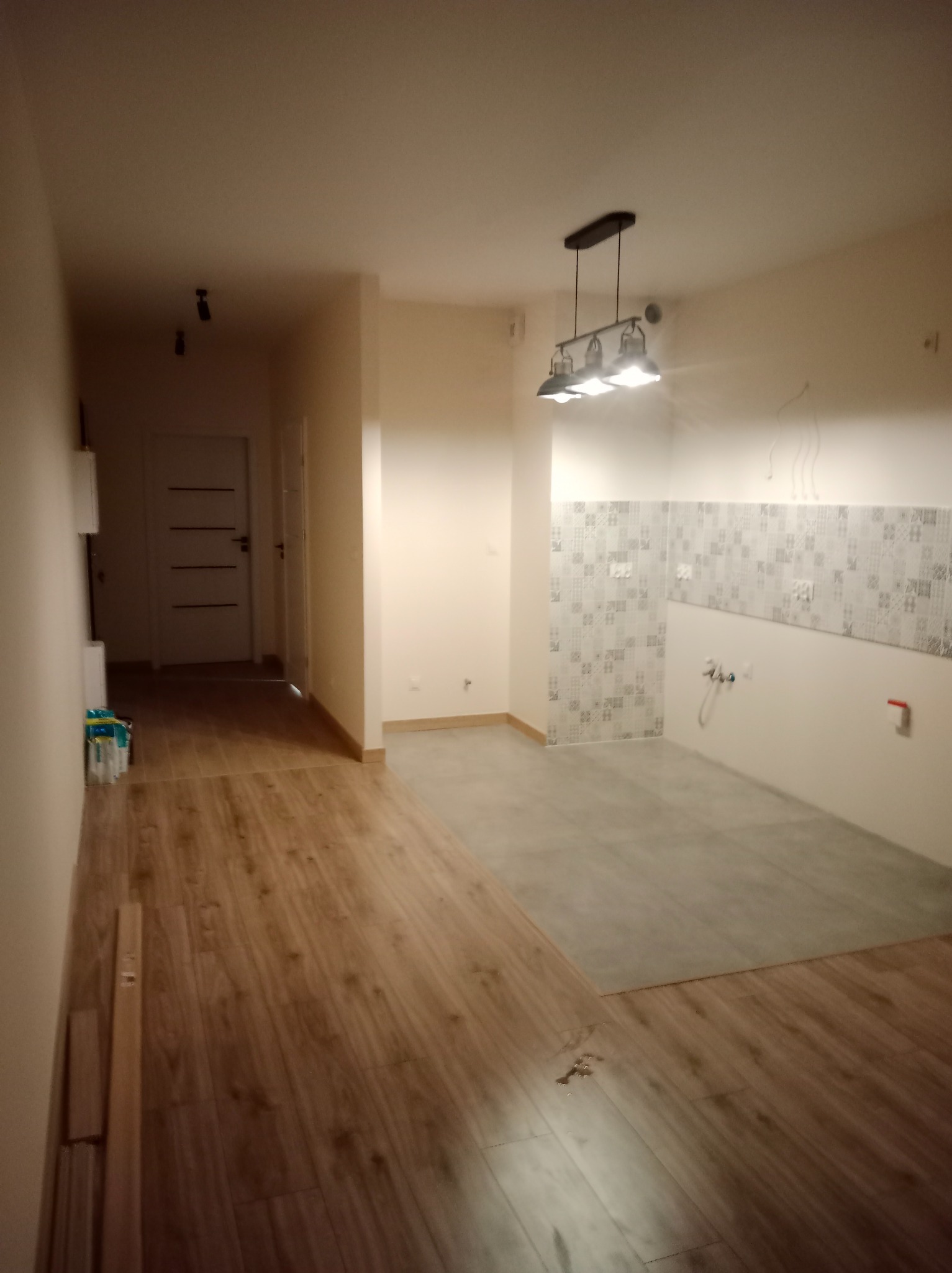 Wykończona kuchnia z szarymi płytkami na podłodze i wzorzystymi na ścianie, widoczne instalacje wodne i oświetlenie sufitowe. Podłoga w przedpokoju wyłożona panelami.