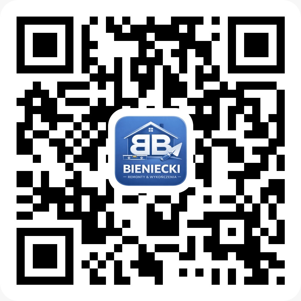 Kod QR z logo firmy Bieniecki - Remonty i Wykończenia. Logo w niebieskiej ramce przedstawia dom i narzędzia remontowe.