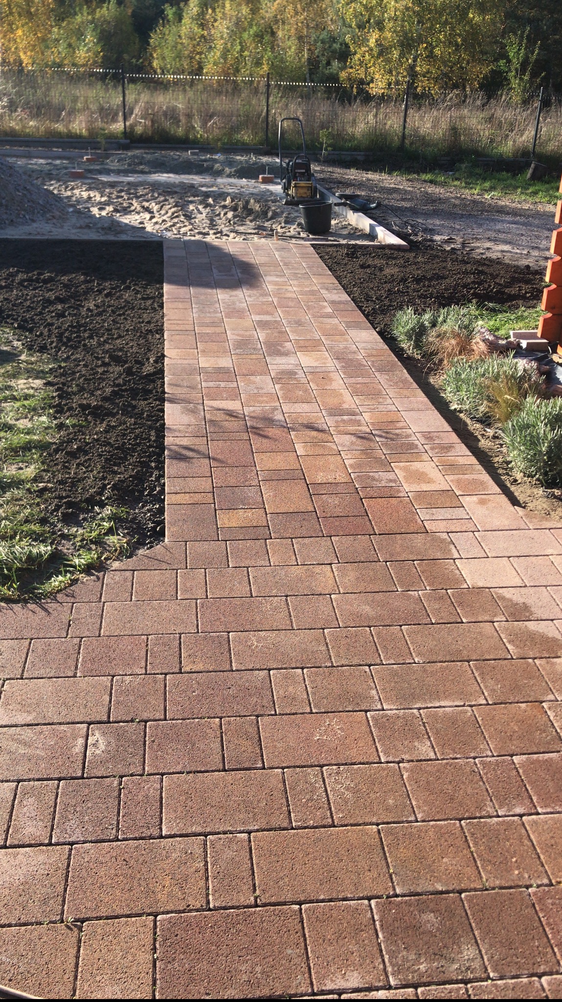 Ułożona ścieżka z kostki brukowej w odcieniach brązu, z widocznym zagęszczarką i przygotowanym podłożem w tle. Świeżo obsadzona ziemia po bokach ścieżki.