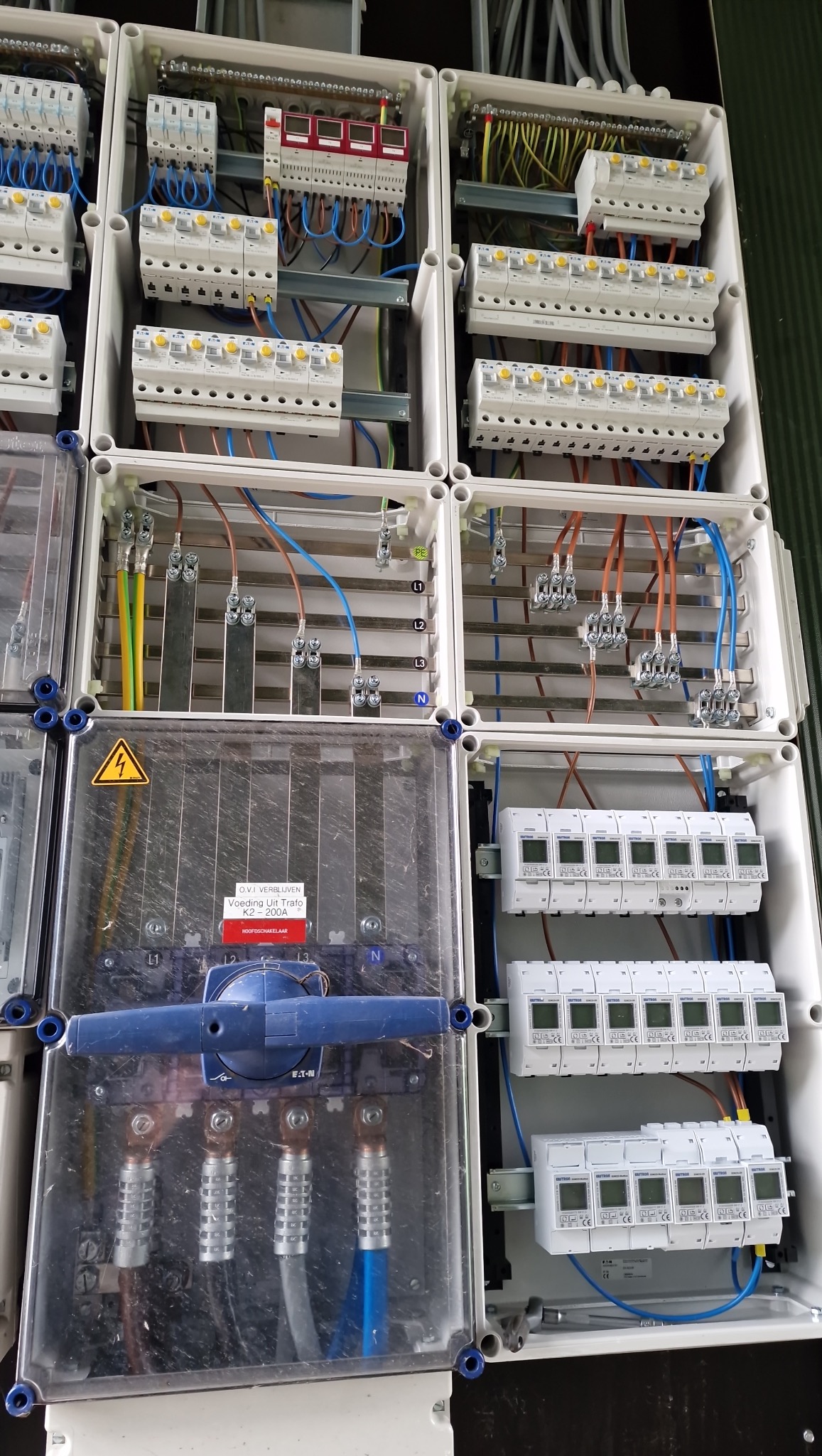 Rozdzielnica elektryczna z widocznymi zabezpieczeniami, przewodami i elementami sterującymi. Widoczne oznaczenia L1, L2, L3, N. Przezroczysta obudowa z niebieskim przełącznikiem.