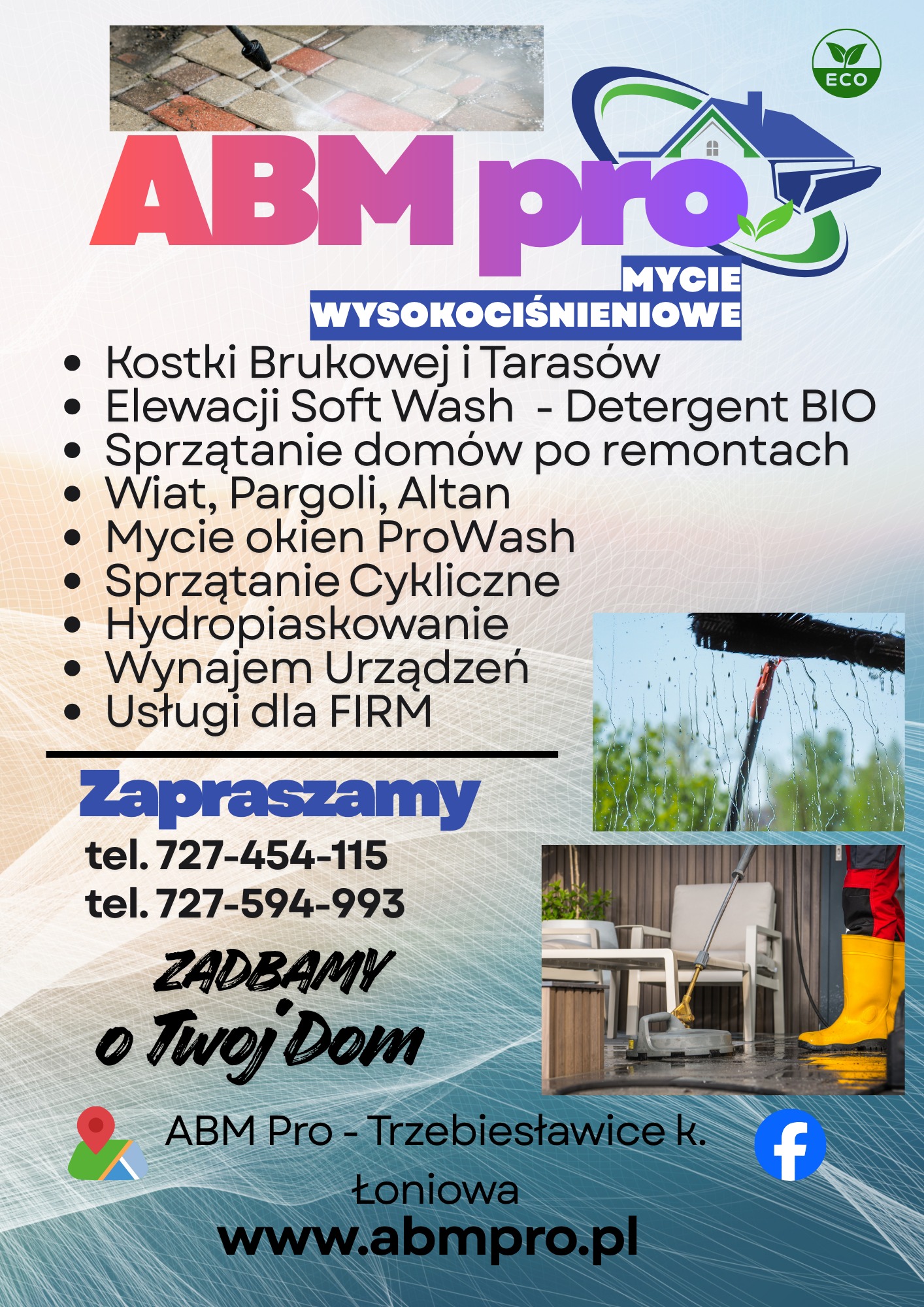 Baner reklamowy firmy ABM Pro oferującej mycie wysokociśnieniowe kostki brukowej, elewacji, sprzątanie po remontach, mycie okien i inne usługi czystościowe.