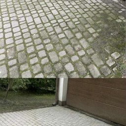 MK Błysk - Kostka brukowa przed i po czyszczeniu, widoczne różnice w kolorze i usunięciu mchu, z bliska przy brązowej bramie garażowej.