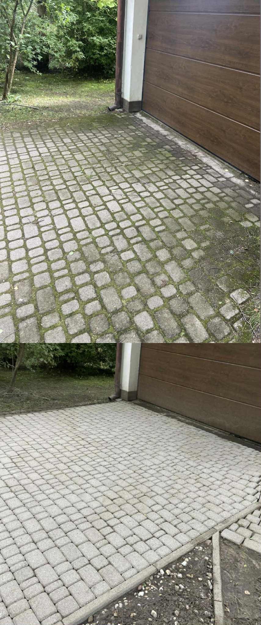 Kostka brukowa przed i po czyszczeniu, widoczne różnice w kolorze i usunięciu mchu, z bliska przy brązowej bramie garażowej.