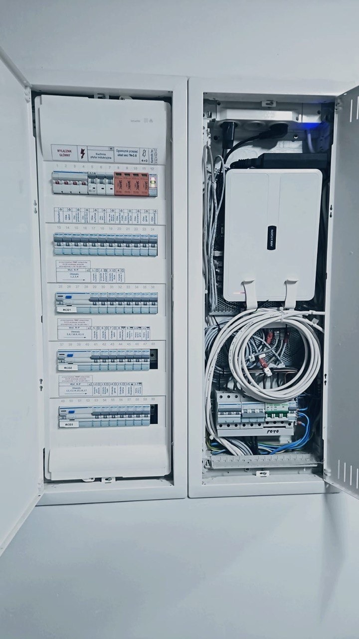 Dwie szafy elektryczne z otwartymi drzwiami, widoczne bezpieczniki, kable i urządzenia. Schludne i profesjonalne wykonanie instalacji wewnątrz szaf.