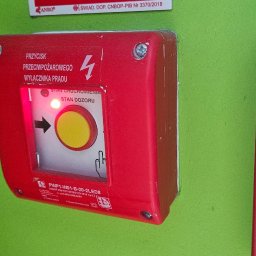 Piotr Meller Energia w Dobrym Klimacie - Czerwony przycisk przeciwpożarowy z żółtym guzikiem i diodą sygnalizacyjną, zamontowany na zielonej ścianie. Obok widoczny kluczyk do systemu.