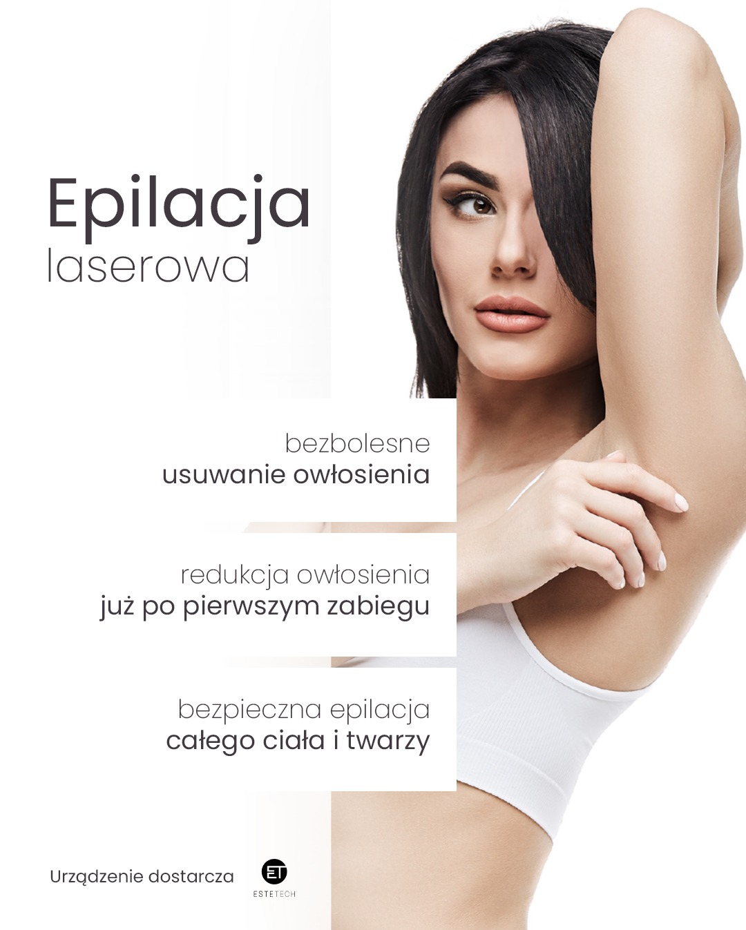 Kobieta z podniesioną ręką prezentuje gładką skórę pachy po zabiegu epilacji laserowej. Reklama zabiegu z hasłami o bezbolesnym usuwaniu owłosienia.