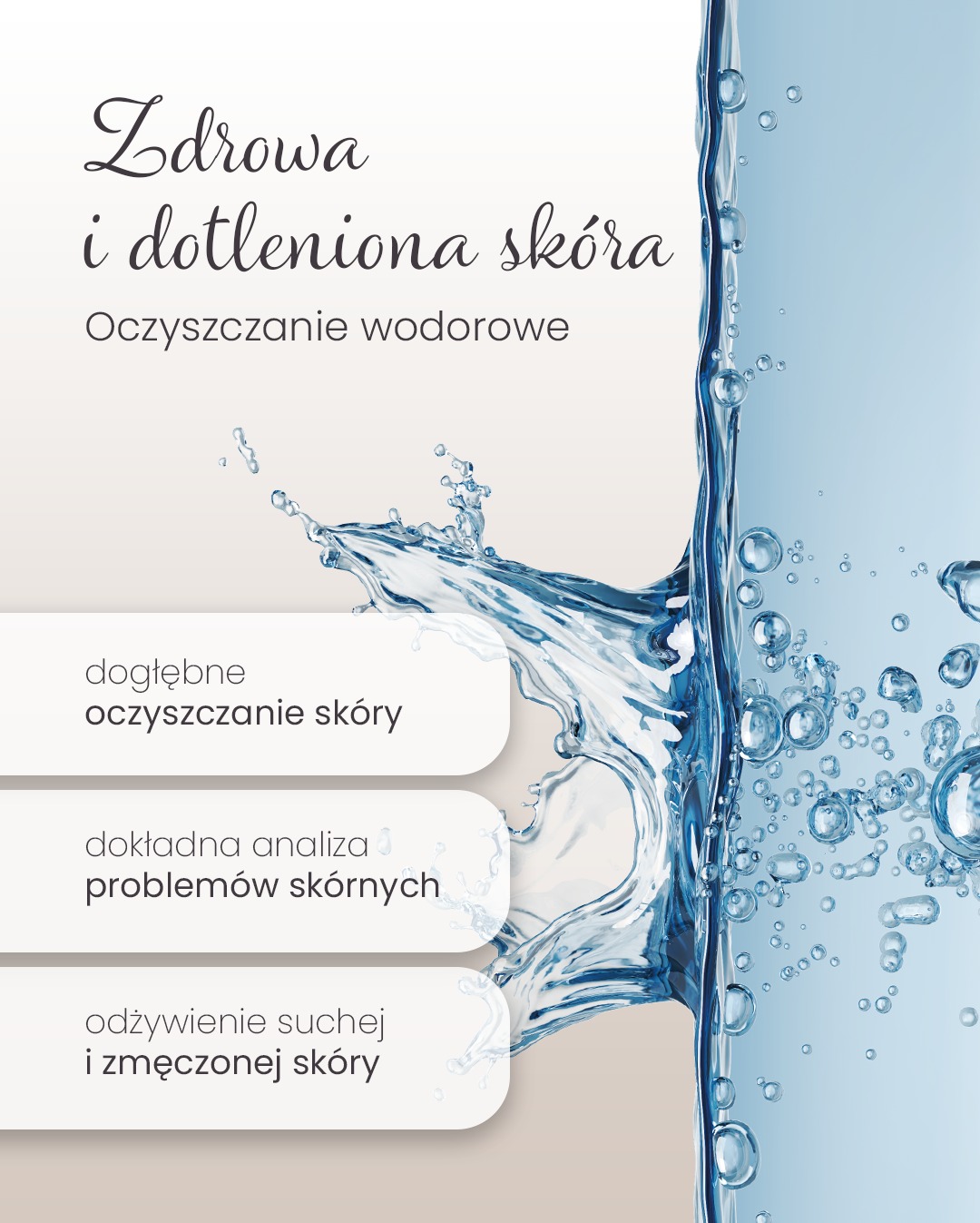 Grafika z hasłami: zdrowa i dotleniona skóra, oczyszczanie wodorowe, dogłębne oczyszczanie, analiza problemów skórnych, odżywienie suchej i zmęczonej skóry.