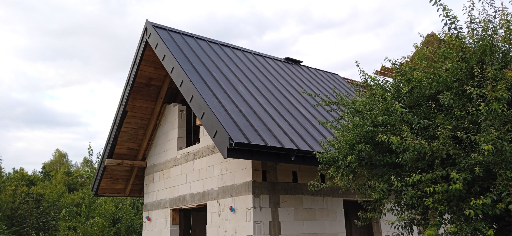 Nowoczesny, czarny dach z blachy na surowym budynku z betonu komórkowego. Widoczne drewniane elementy konstrukcji dachu i bujna zieleń w tle. Ujęcie z dołu.