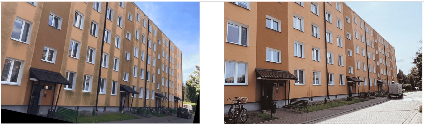 Elewacja budynku przed i po myciu dronem myjącym
