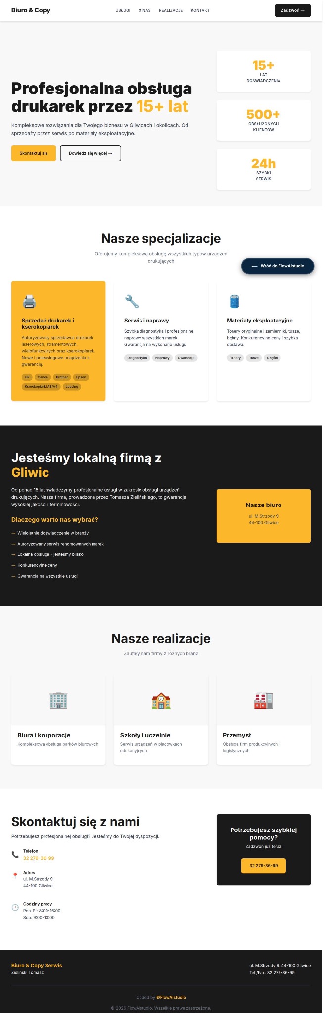 Zrzut ekranu strony internetowej firmy Biuro & Copy z Gliwic, oferującej profesjonalną obsługę drukarek, serwis i sprzedaż materiałów eksploatacyjnych.