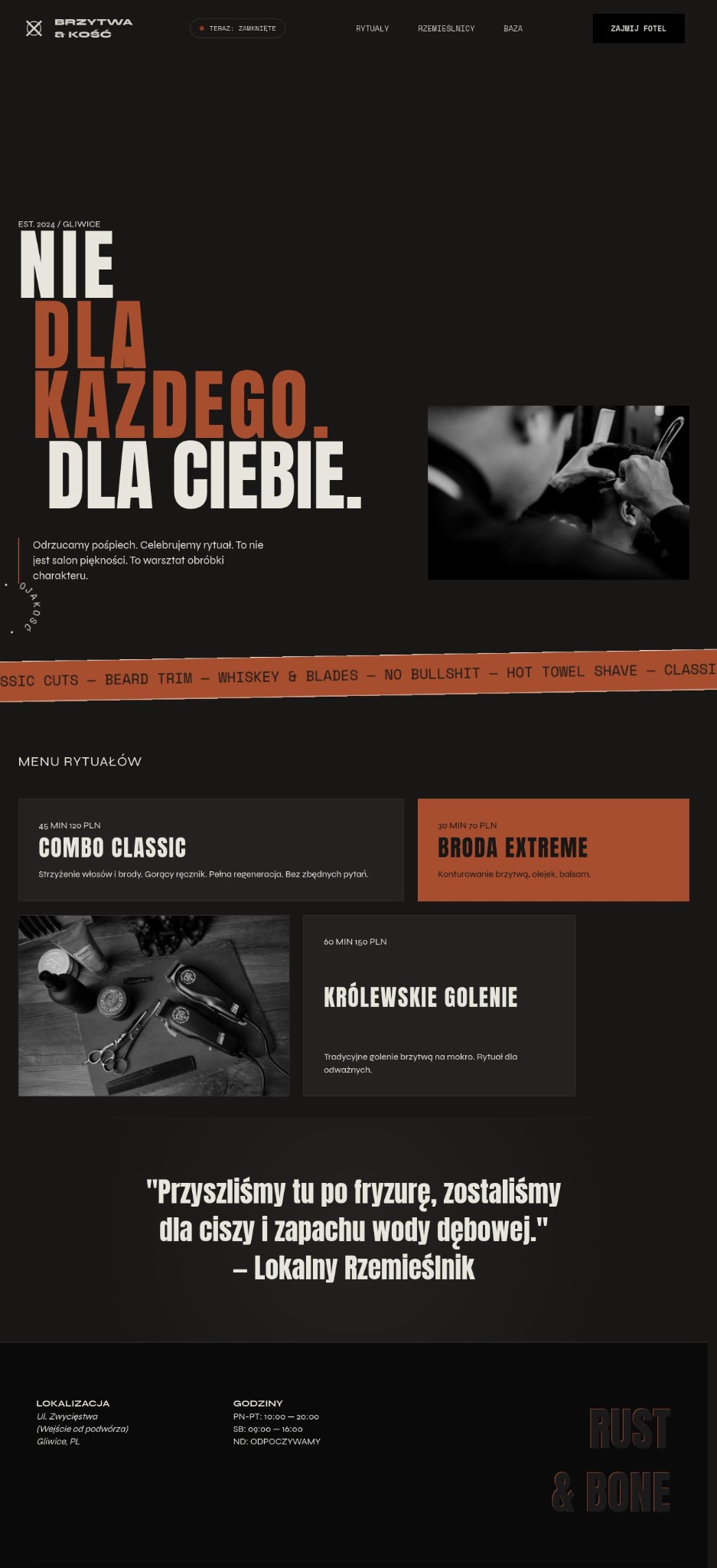 Mroczna strona internetowa salonu barberskiego 'Brzytwa i Kość' z systemem rezerwacji. Industrialny design, animacje parallax i efekt szumu. Niestandardowy kursor.