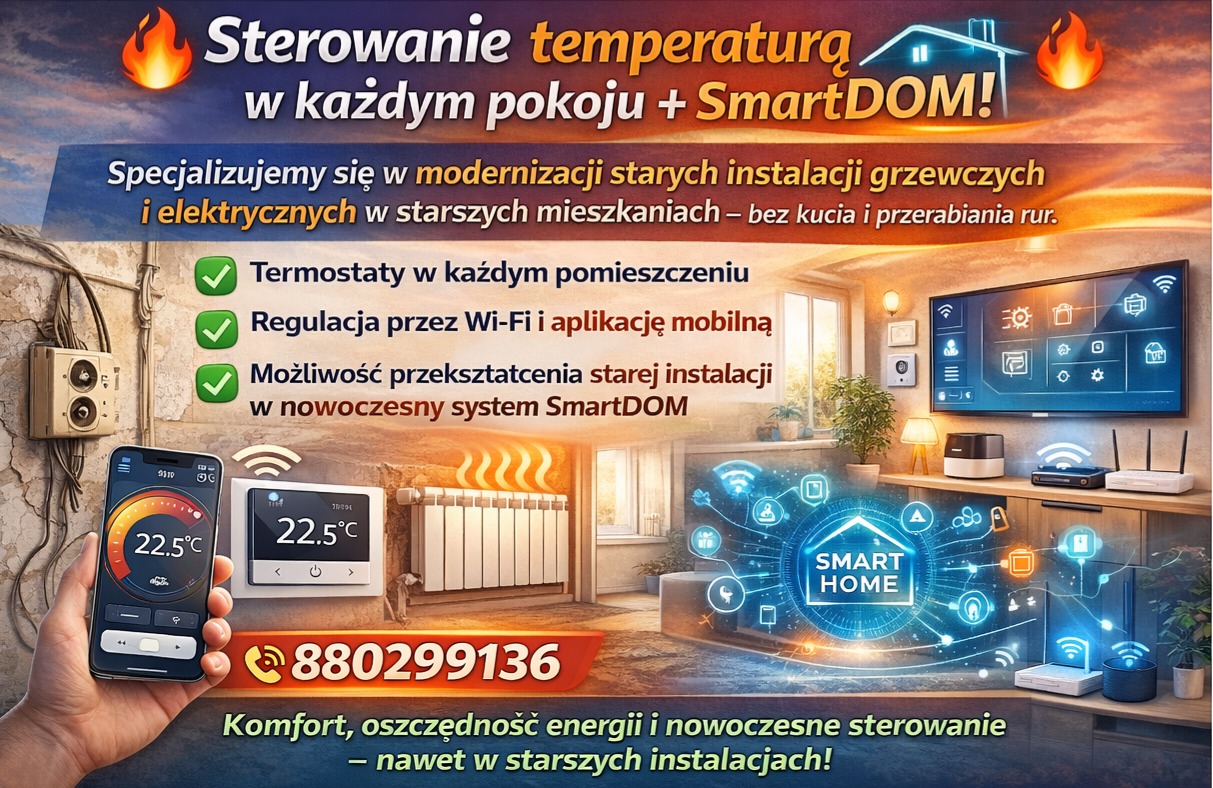 Grafika reklamowa: modernizacja instalacji grzewczych i elektrycznych na system SmartDOM. Termostaty, regulacja Wi-Fi, aplikacja mobilna. Numer telefonu.