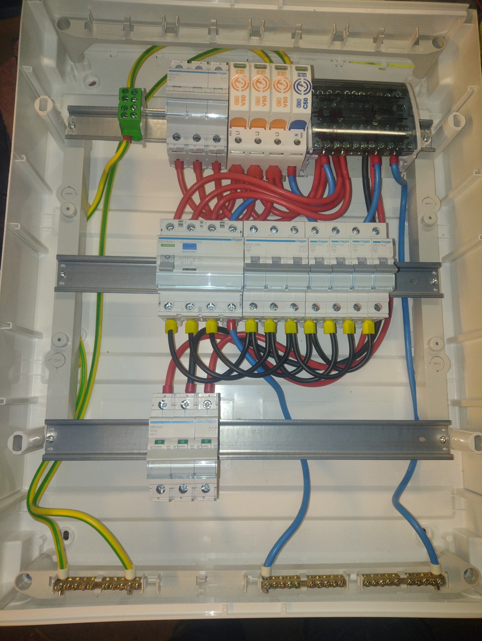 Rozdzielnica elektryczna w białej obudowie z widocznymi bezpiecznikami, przewodami w kolorach: czerwonym, niebieskim, czarnym i żółto-zielonym.