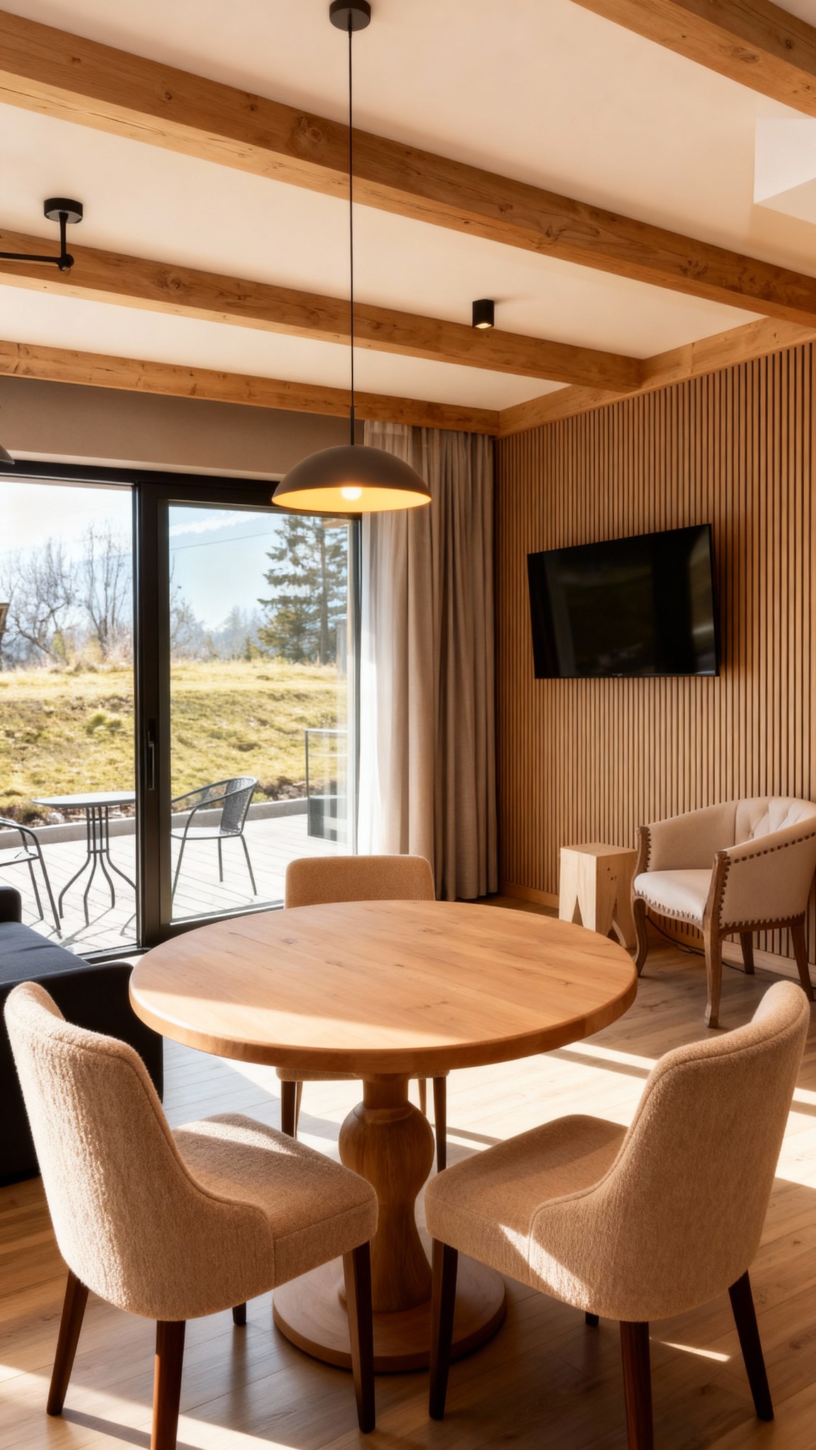 Jasne wnętrze z drewnianym stołem i krzesłami, widok na taras z zielenią. Telewizor na ścianie z drewnianych paneli. Nowoczesny design.