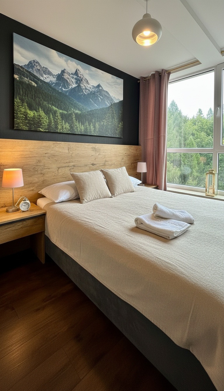 Jasna sypialnia z łóżkiem, drewnianym zagłówkiem i obrazem górskim. Widok z okna na zieleń. Lampki nocne i ręczniki dodają przytulności.