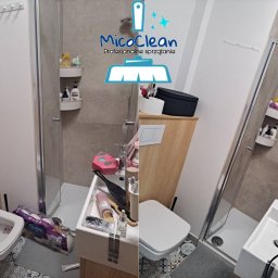 MicoClean - Łazienka przed i po sprzątaniu: po lewej widoczny bałagan, po prawej czysta, uporządkowana przestrzeń z kabiną prysznicową i umywalką. Logo firmy sprzątającej w tle.