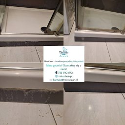 MicoClean - Czteropanelowe zbliżenie na detale kabiny prysznicowej przed i po czyszczeniu, z widocznymi zabrudzeniami i efektem odświeżenia. Logo firmy sprzątającej w centrum.